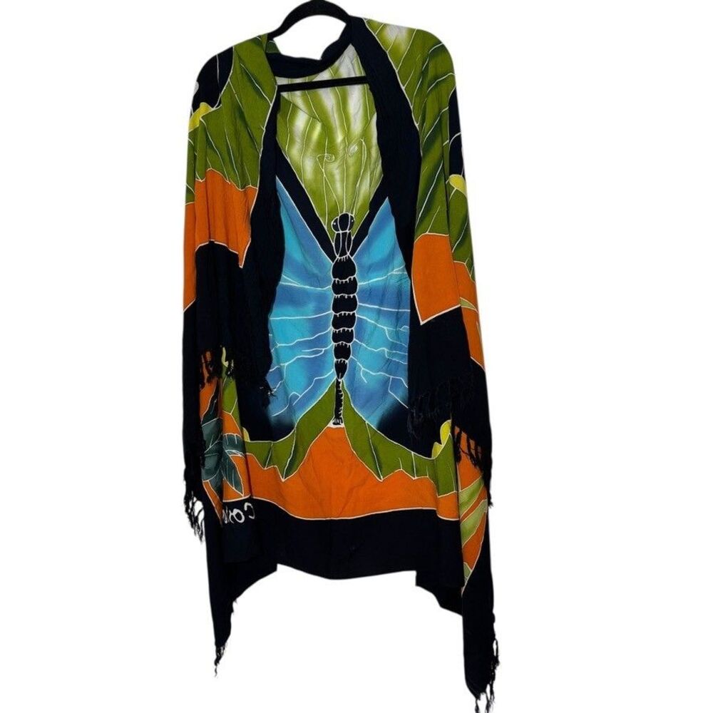 Beachy Wrap Chawl Black with Vibrant Butterfly Print Cover-Up Tropical Vacation